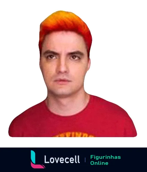 Figurinha do Felipe Neto com cabelo pintado de vermelho e laranja, vestindo camiseta vermelha, com expressão séria, ideal para expressar surpresa ou mudança ousada