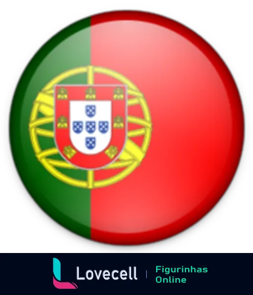 Figurinha da bandeira de Portugal arredondada com metade verde e metade vermelha, destacando um escudo e esfera armilar ao centro