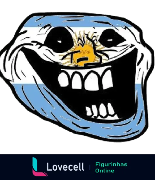 Desenho de uma troll face com a bandeira da Argentina ao fundo. A face tem um sorriso largo e exagerado, típico dos memes de trollagem.