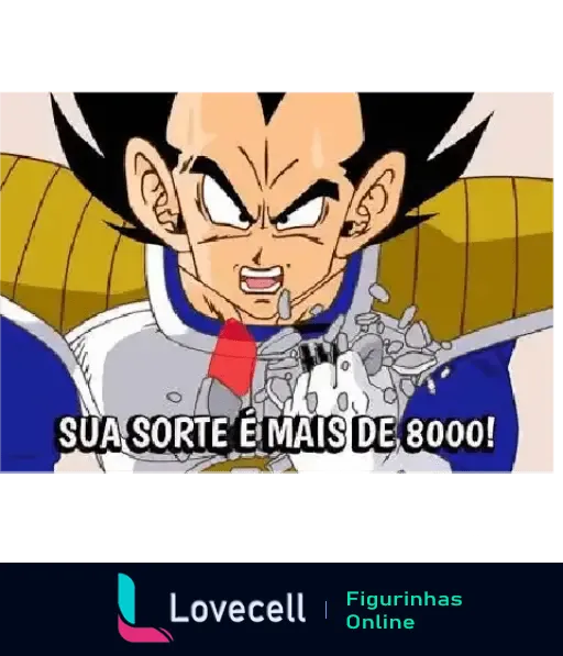 Personagem de Dragon Ball Z com armadura quebrada e expressão furiosa gritando 'sua sorte é mais de 8000'. Imagem épica da série animada.