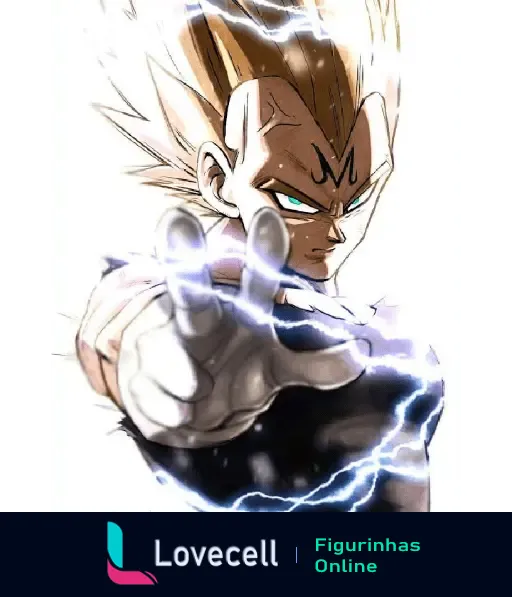 Vegeta com cabelo loiro espetado, olhos azuis brilhantes e o símbolo Majin na testa, em pose de ataque com raios elétricos ao seu redor.