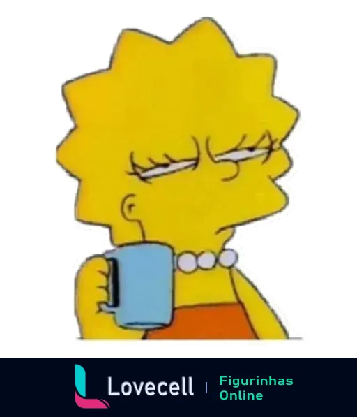 Lisa Simpson cansada segurando uma caneca azul com expressão de exaustão e olhos semicerrados