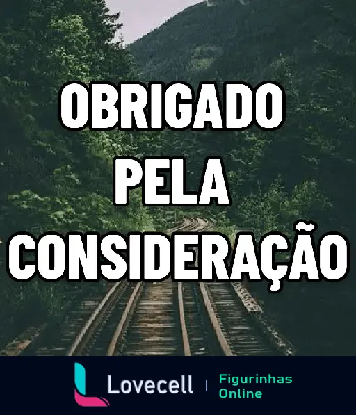 Figurinha de WhatsApp com frase 'Obrigado pela consideração' em fundo de trilho de trem cercado por vegetação densa.