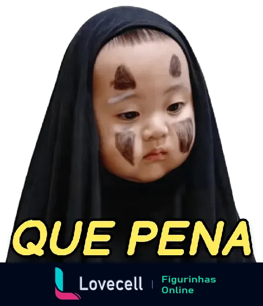 Figurinha de criança com rosto pintado e expressão triste, com texto 'QUE PENA' associado à pasta 'CRIANÇAS MEMES'.