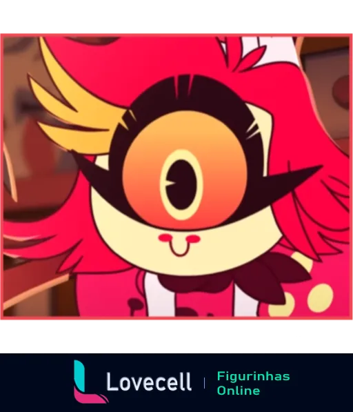 Figurinha de personagem do Hazbin Hotel com um grande olho único, cabelo rosa vibrante e um sorriso fofinho. Arte estilizada e colorida.