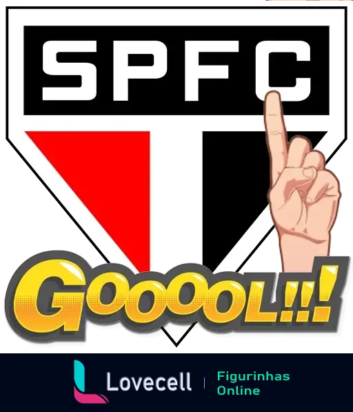 Figurinha com logo do São Paulo Futebol Clube em preto, vermelho e branco, mão fazendo gesto de 'número um' e a palavra 'Gooooool!!!' em dourado