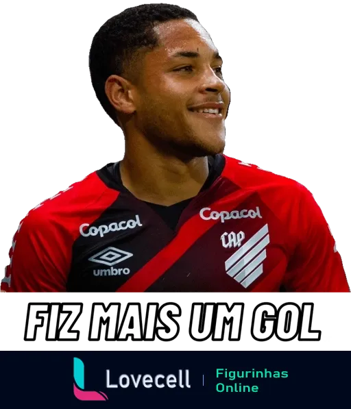 Jogador do Atlético PR comemorando gol, sorrindo, vestindo uniforme da Copacol e Umbro, com texto 'FIZ MAIS UM GOL' em destaque