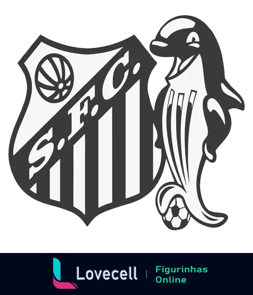 Figurinha do escudo do Santos Futebol Clube em preto e branco com um peixe e elementos de futebol