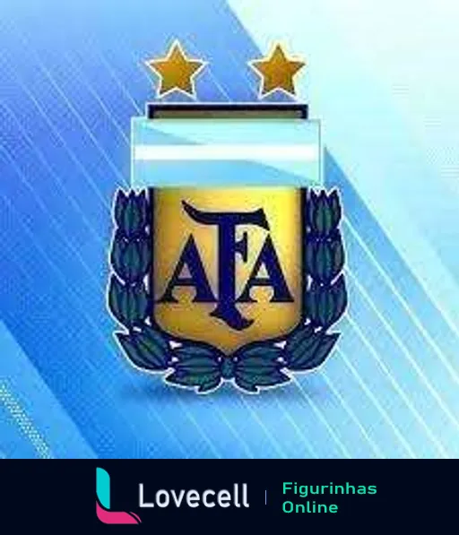 Emblema da Associação de Futebol Argentino (AFA) com escudo azul e amarelo, letra 'AFA', ramos ao redor, faixa azul clara e duas estrelas douradas.