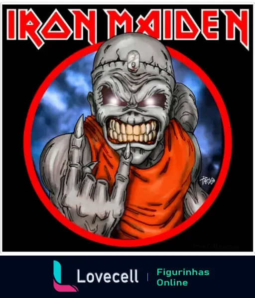 Figurinha 🎨Iron Maiden cover🎨 com personagem Eddie mostrando os dentes e gesto rock, fundo azul e preto, borda vermelha.