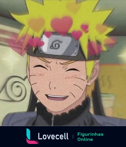 Figurinha de Naruto Uzumaki sorrindo com corações rosa flutuando ao redor da cabeça, expressando felicidade e encanto