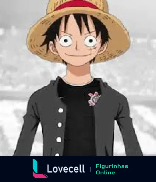 Personagem de anime Luffy com chapéu de palha e camiseta do Corinthians. Cenário desfocado ao fundo.