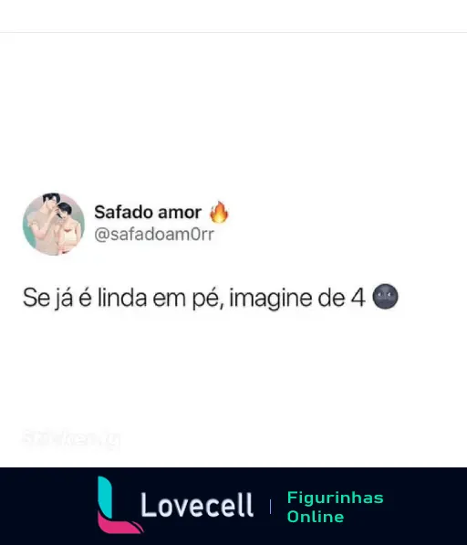 Figurinha com o texto 'Se já é linda em pé, imagine de 4' e o nome de usuário '@safadoam0rr'. Tema de cantadas pesadas e sapecagens.