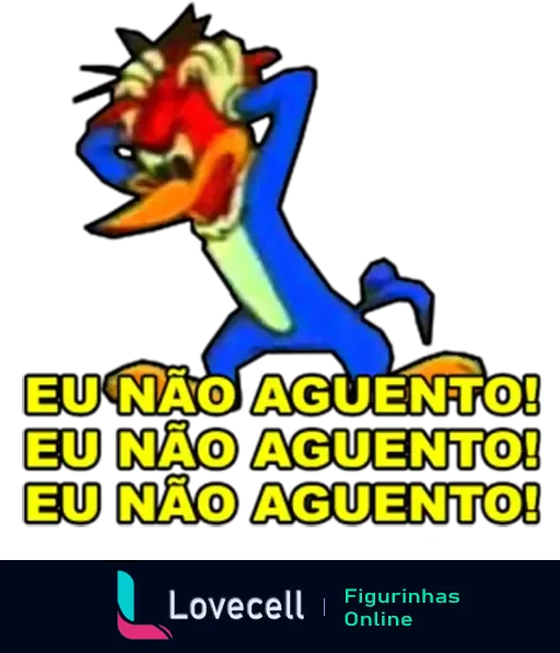 Figurinha do Pica-Pau com expressão de desespero, gritando 'Eu não aguento!' repetidamente. Ideal para mostrar frustração.