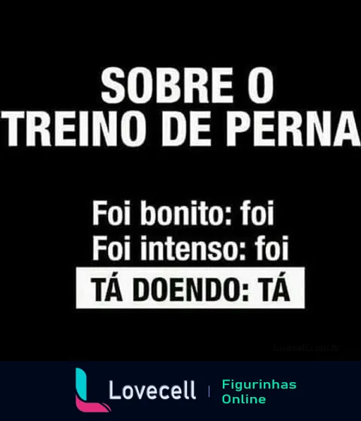 Figurinha com fundo preto e texto em branco. Título: 'SOBRE O TREINO DE PERNA'. Frases: 'Foi bonito: foi', 'Foi intenso: foi', 'TÁ DOENDO: TÁ'. Humor sobre dor pós-treino.