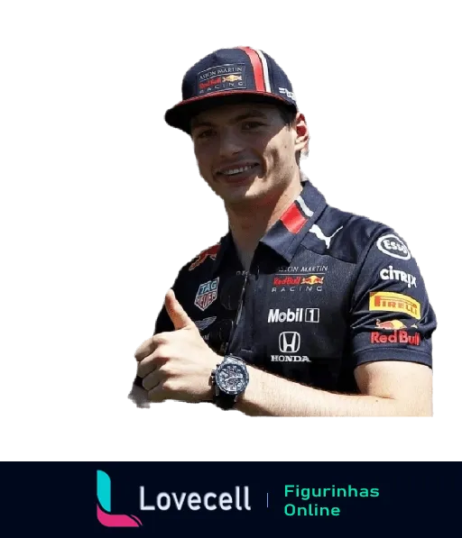 Max Verstappen sorrindo e fazendo gesto de aprovação com polegar para cima, vestindo uniforme da Red Bull Racing com logos da Mobil 1, TAG Heuer e Citrix