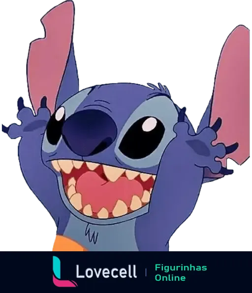 Stitch, personagem do filme Lilo e Stitch, com expressão animada e sorriso largo, mostrando entusiamo e energia.