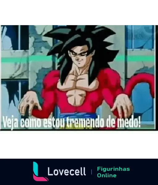 Imagem de um personagem de Dragon Ball Z de cabelo preto e roupa vermelha dizendo 'Veja como estou tremendo de medo!', com expressão de desdém.