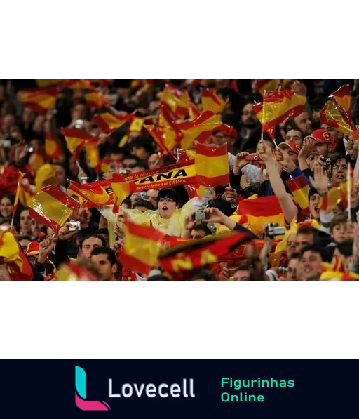 Torcida espanhola entusiasmada no estádio, agitando bandeiras vermelhas e amarelas, com destaque para uma mulher empolgada com grande bandeira