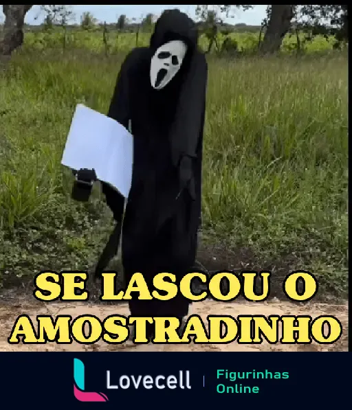 Figura de uma pessoa vestida como a morte segurando uma foice no campo, com o texto 'SE LASCOU O AMOSTRADINHO' na parte inferior.