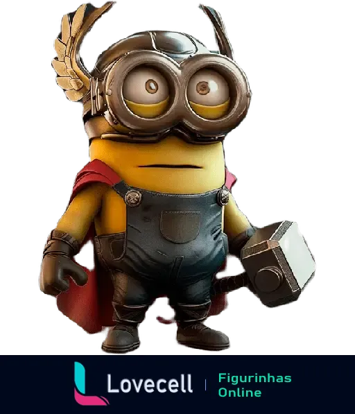 Figurinha de um Minion caracterizado como Thor segurando um martelo, com capacete alado e capa vermelha. Parte da coleção MINIONS - Heróis e Vilões.