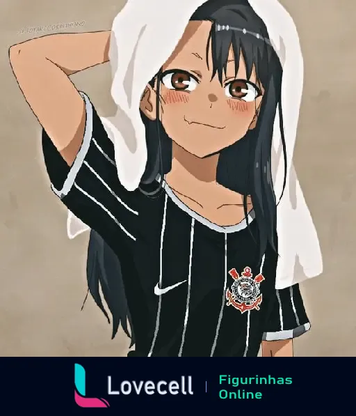 Anime de menina alegre com cabelo preto, vestindo camisa do Corinthians e toalha na cabeça. Vai Corinthians Anime.