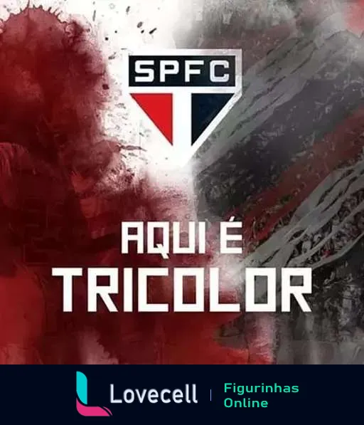 Emblema do São Paulo Futebol Clube com fundo artístico vermelho e texto 'Aqui é Tricolor' expressando o orgulho dos torcedores