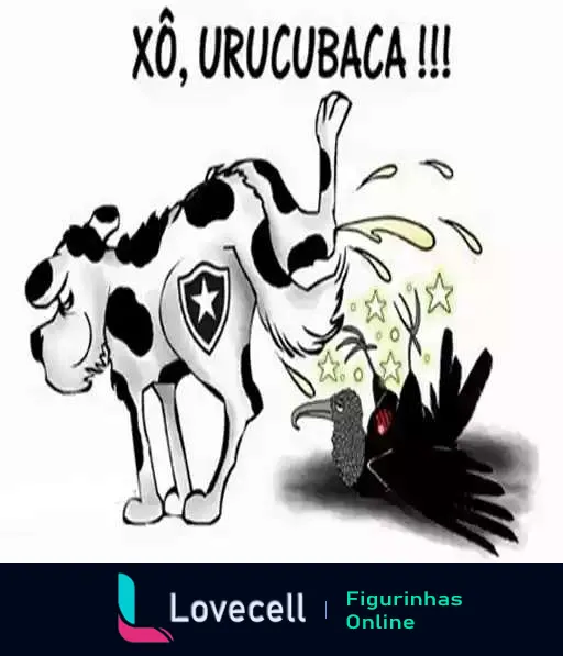 Figurinha de vaca preta e branca com símbolo do Botafogo chutando urubu preto que representa o Flamengo, simbolizando azar sendo afastado com estrelas ao redor