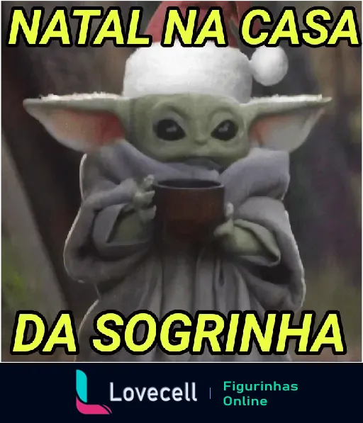 Figurinha engraçada do Baby Yoda com gorro de Natal, simbolizando o Natal na casa da sogrinha com uma expressão fofa e divertida.