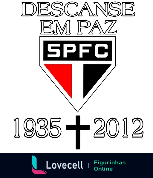 Figurinha provocativa com escudo do São Paulo Futebol Clube em preto, branco e vermelho, texto 'Descanse em Paz' e datas '1935 a 2012'