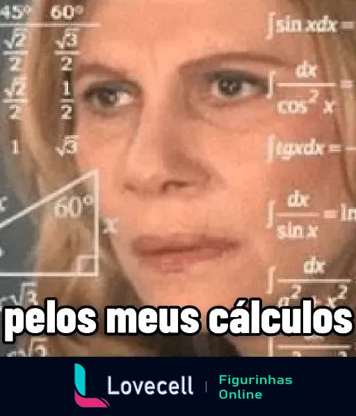 Figurinha de mulher pensativa cercada por fórmulas matemáticas com a frase 'pelos meus cálculos' indicando confusão ou esforço para resolver um problema complexo