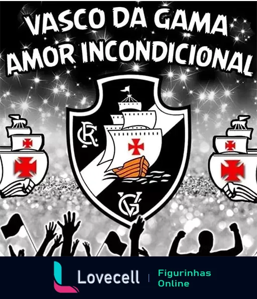 Escudo do Vasco da Gama com bandeiras, fundo de multidão brilhante e frase 'Vasco da Gama Amor Incondicional'