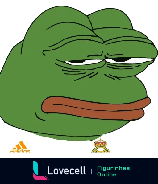 Ilustração de Pepe the Frog expressando desconfiança e usando uma camisa do Real Madrid, mostrando marcas Adidas e o emblema do time.