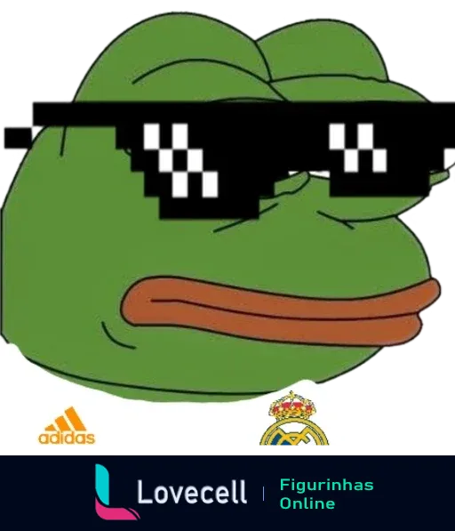 Meme do sapo Pepe com óculos pixelados, usando camisa do Real Madrid com logo da Adidas e do clube.