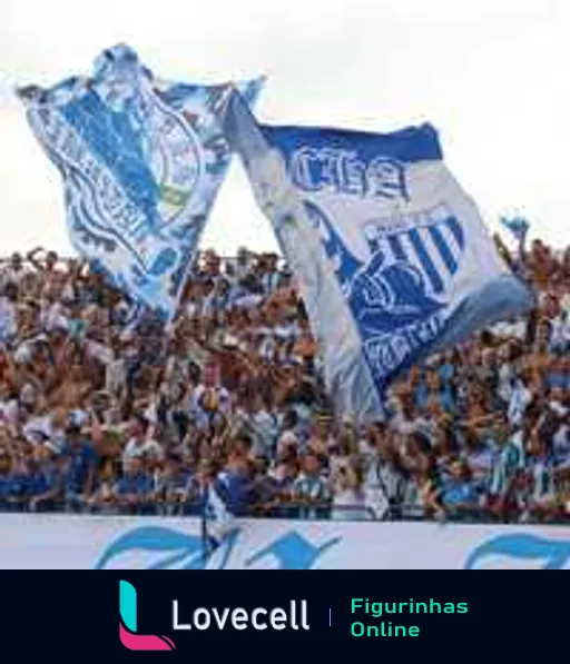 Torcida do Avaí Futebol Clube celebrando no estádio com bandeiras azuis e brancas