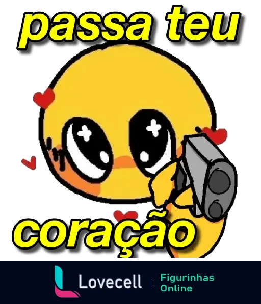 Figurinha engraçada de um emoji de pato amarelo com olhos brilhantes e uma arma, exigindo amor, com o texto 'passa teu coração'.