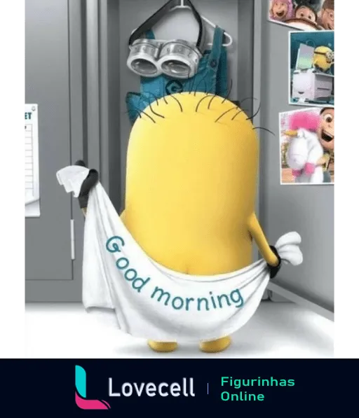 Figurinha de Minion dizendo 'Good morning' enquanto sai do chuveiro envolto em uma toalha, com fotos de momentos alegres de Minions ao fundo