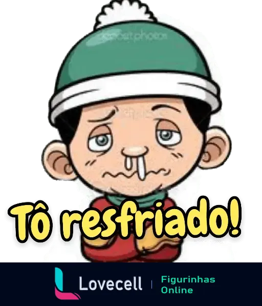 Personagem de desenho animado com gorro verde e nariz vermelho dizendo 'Tô resfriado!' representando resfriado, humor e tempo frio.