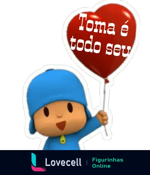 Pocoyo segurando um balão de coração vermelho com a mensagem 'Toma é todo seu', representando carinho e afeto.