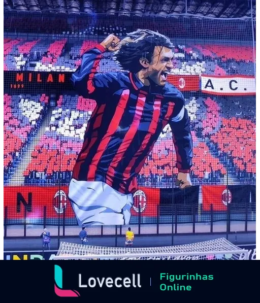 Arte de jogador de futebol celebrando gol no estádio do A.C. Milan com uniforme vermelho e preto