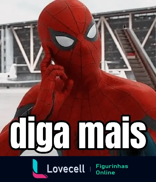 Figurinha do Homem Aranha com o texto 'diga mais', usada para expressar curiosidade ou interesse em WhatsApp.