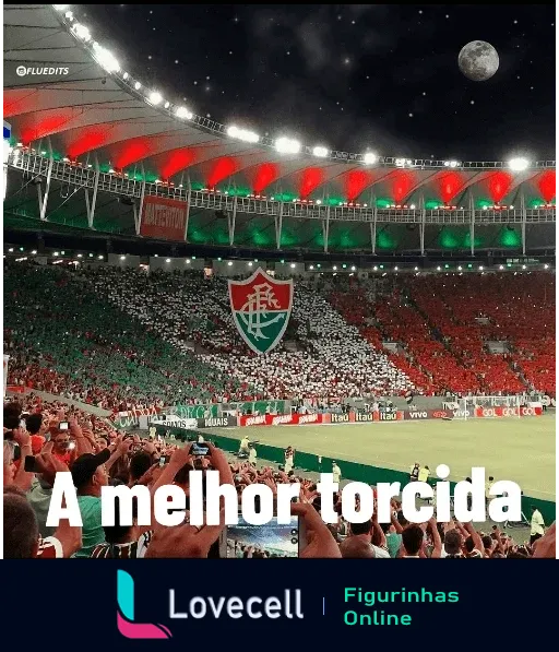 Estádio do Fluminense cheio de torcedores com grande bandeira do clube, iluminado em verde, vermelho e branco, sob lua no céu noturno.