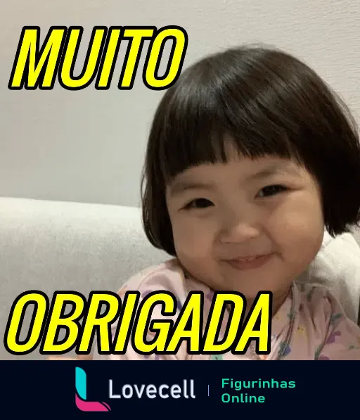 Menina coreana sorridente com texto 'Muito Obrigada'. Ideal para expressar gratidão de forma carinhosa e fofa.