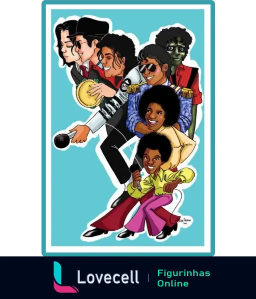 Desenho artístico representando as várias fases de Michael Jackson, desde a infância até seus diferentes looks icônicos.