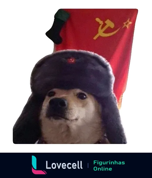 Figurinha de cachorro com chapéu ushanka soviético e bandeira comunista ao fundo, expressando seriedade