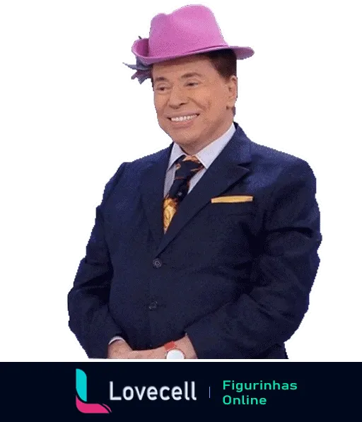 Figurinha de Silvio Santos sorrindo, vestido com terno azul e gravata clássica, usando um chapéu rosa