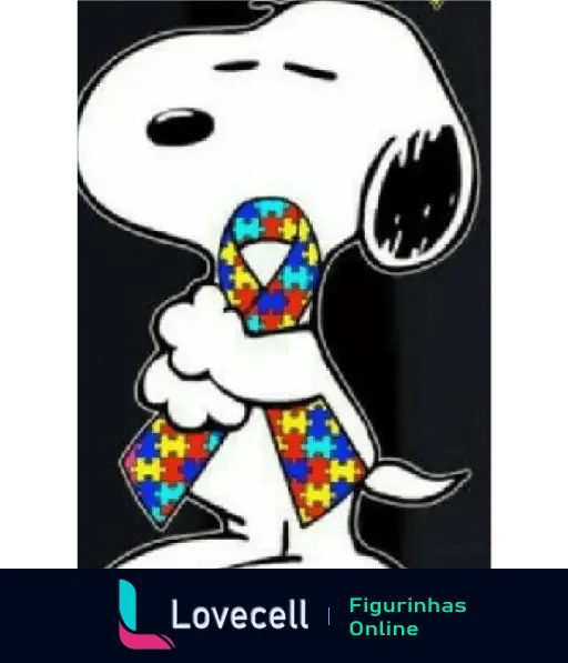 Snoopy com expressão serena, segurando um laço colorido com peças de quebra-cabeça, símbolo do autismo, em um fundo escuro.