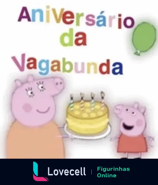 Figurinha de aniversário com personagens animados e bolo de aniversário colorido