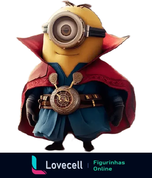 Minion vestido como Doutor Estranho, completo com capa vermelha e Amuleto do Olho de Agamotto. Mistura de humor com heróis e vilões.