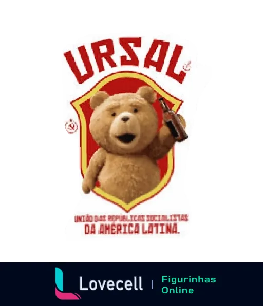 Figurinha de ursinho de pelúcia sorridente vestido de soldado, segurando arma de brinquedo, com logo 'URSAL' ao fundo em vermelho e amarelo